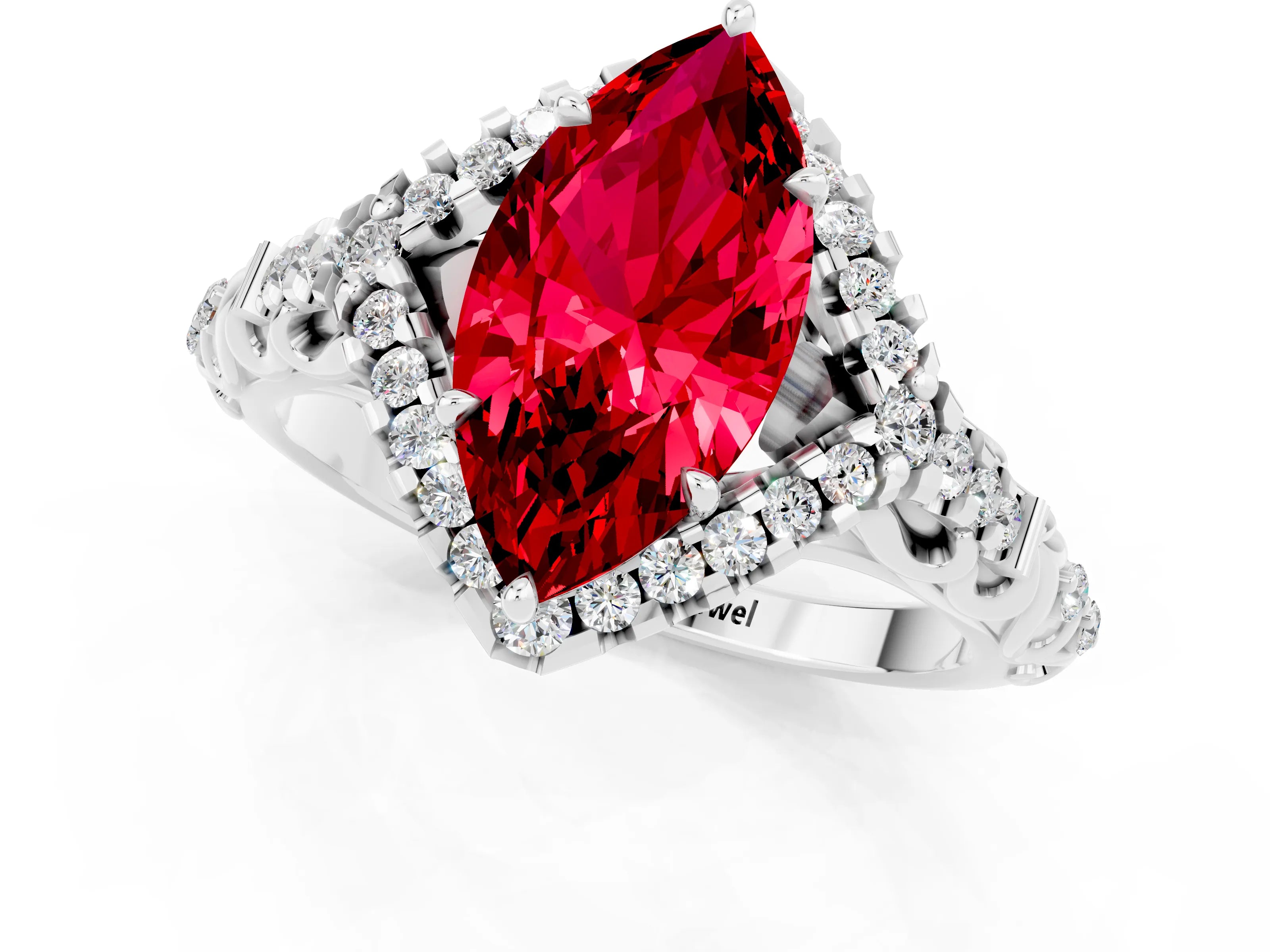 White gold Marquise Cut Ruby Solitaire Ring with Hidden Halo and Pavé Band_19