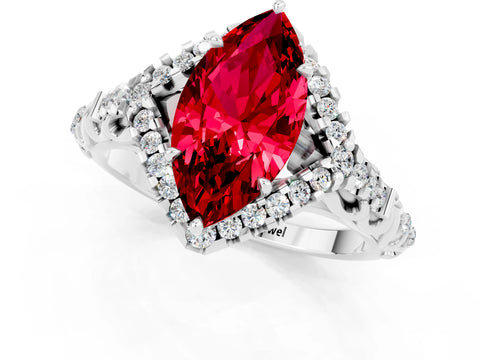 White gold Marquise Cut Ruby Solitaire Ring with Hidden Halo and Pavé Band_19