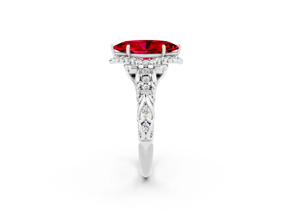 White gold Marquise Cut Ruby Solitaire Ring with Hidden Halo and Pavé Band