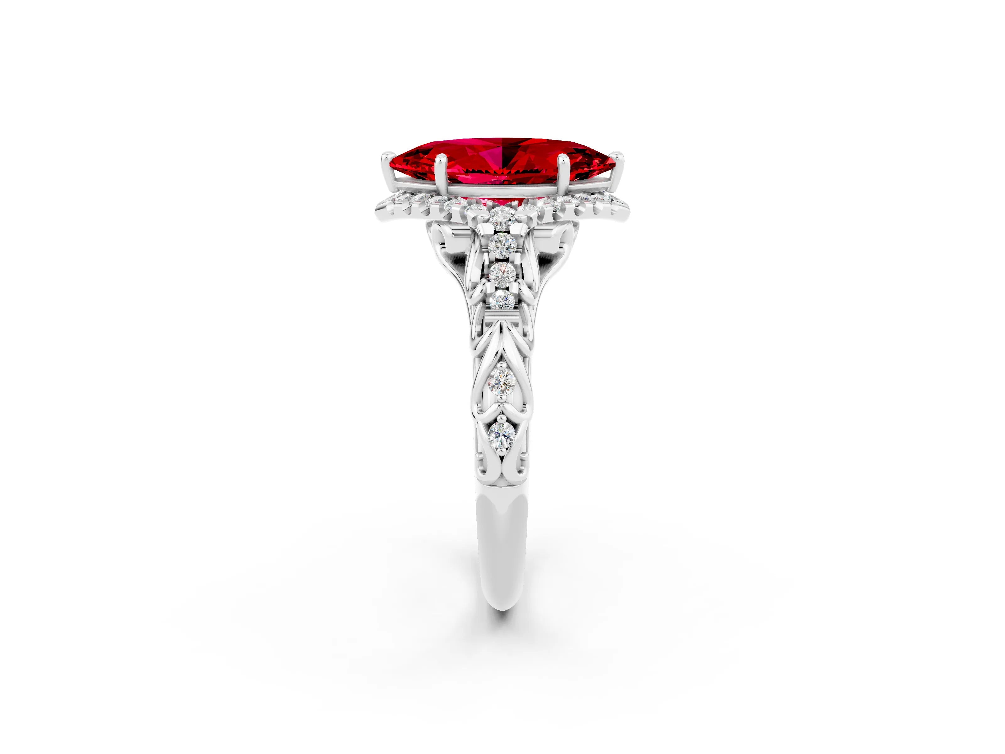 White gold Marquise Cut Ruby Solitaire Ring with Hidden Halo and Pavé Band_21