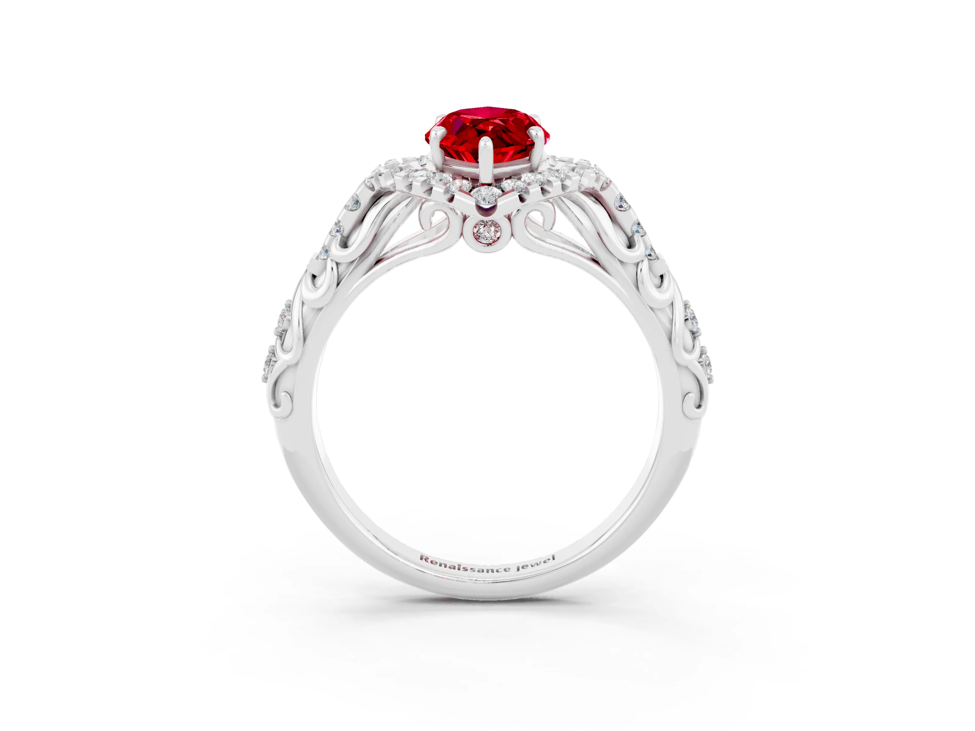White gold Marquise Cut Ruby Solitaire Ring with Hidden Halo and Pavé Band_21