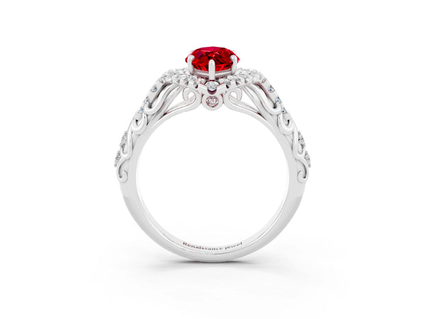 Silver Marquise Cut Ruby Solitaire Ring with Hidden Halo and Pavé Band