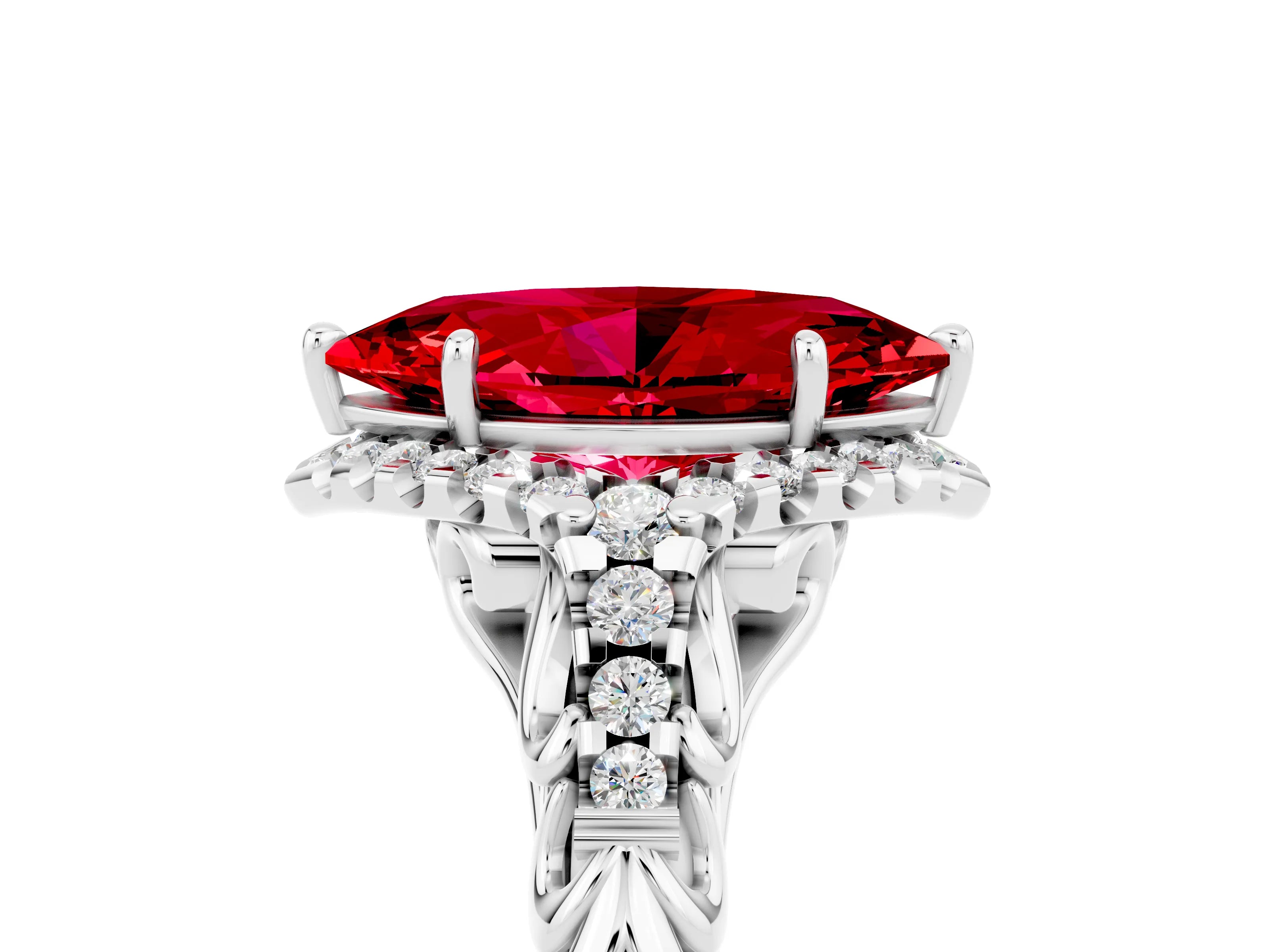 White gold Marquise Cut Ruby Solitaire Ring with Hidden Halo and Pavé Band_24