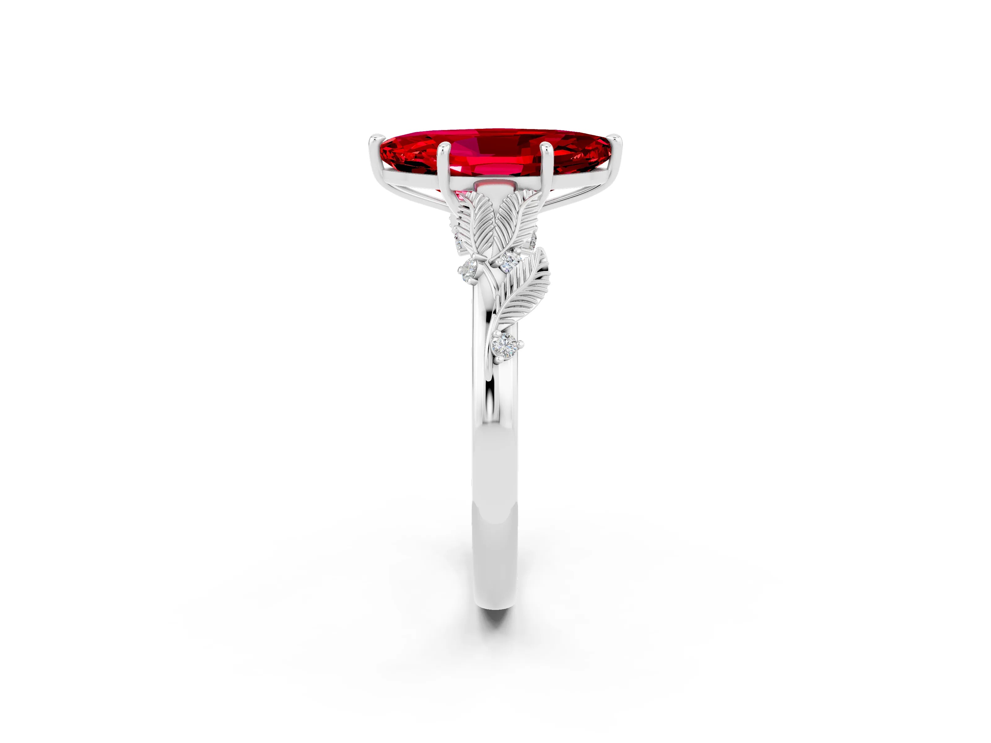 White gold Marquise Cut Ruby Solitaire Ring with Leaf Motif Band and Four-Prong Setting_14