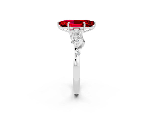 White gold Marquise Cut Ruby Solitaire Ring with Leaf Motif Band and Four-Prong Setting