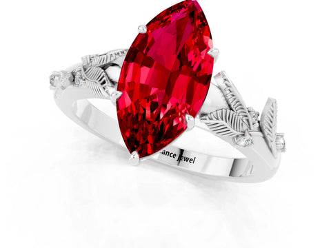 White gold Marquise Cut Ruby Solitaire Ring with Leaf Motif Band and Four-Prong Setting_1