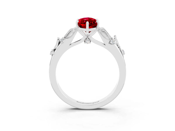 Platinum Marquise Cut Ruby Solitaire Ring with Leaf Motif Band and Four-Prong Setting