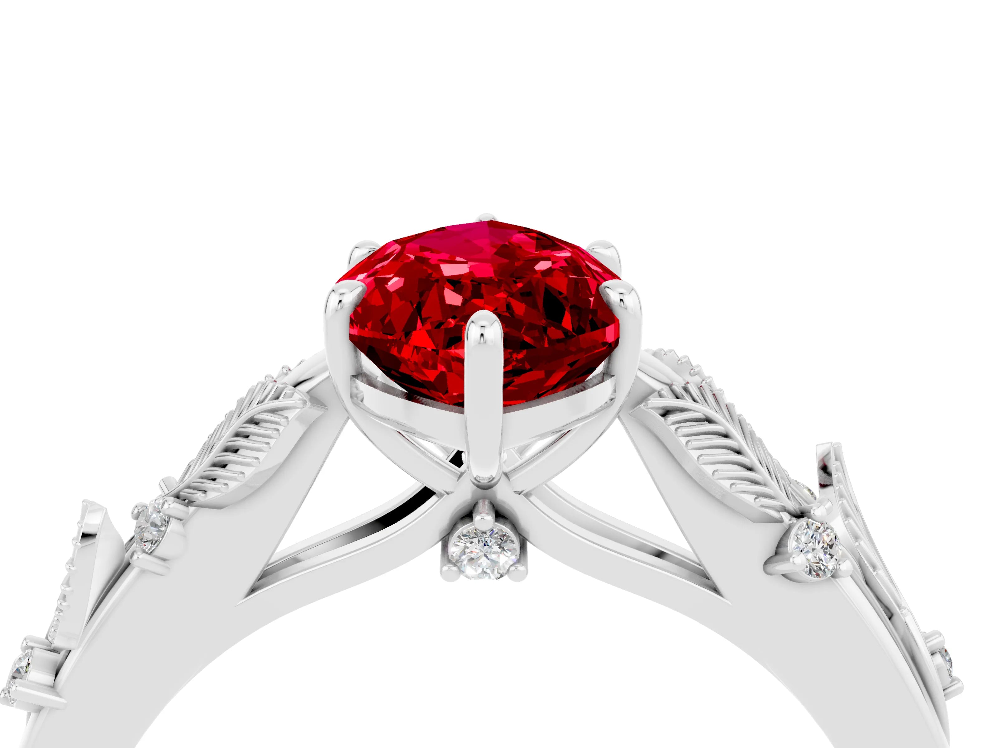 White gold Marquise Cut Ruby Solitaire Ring with Leaf Motif Band and Four-Prong Setting_4
