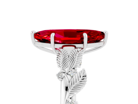 White gold Marquise Cut Ruby Solitaire Ring with Leaf Motif Band and Four-Prong Setting_5