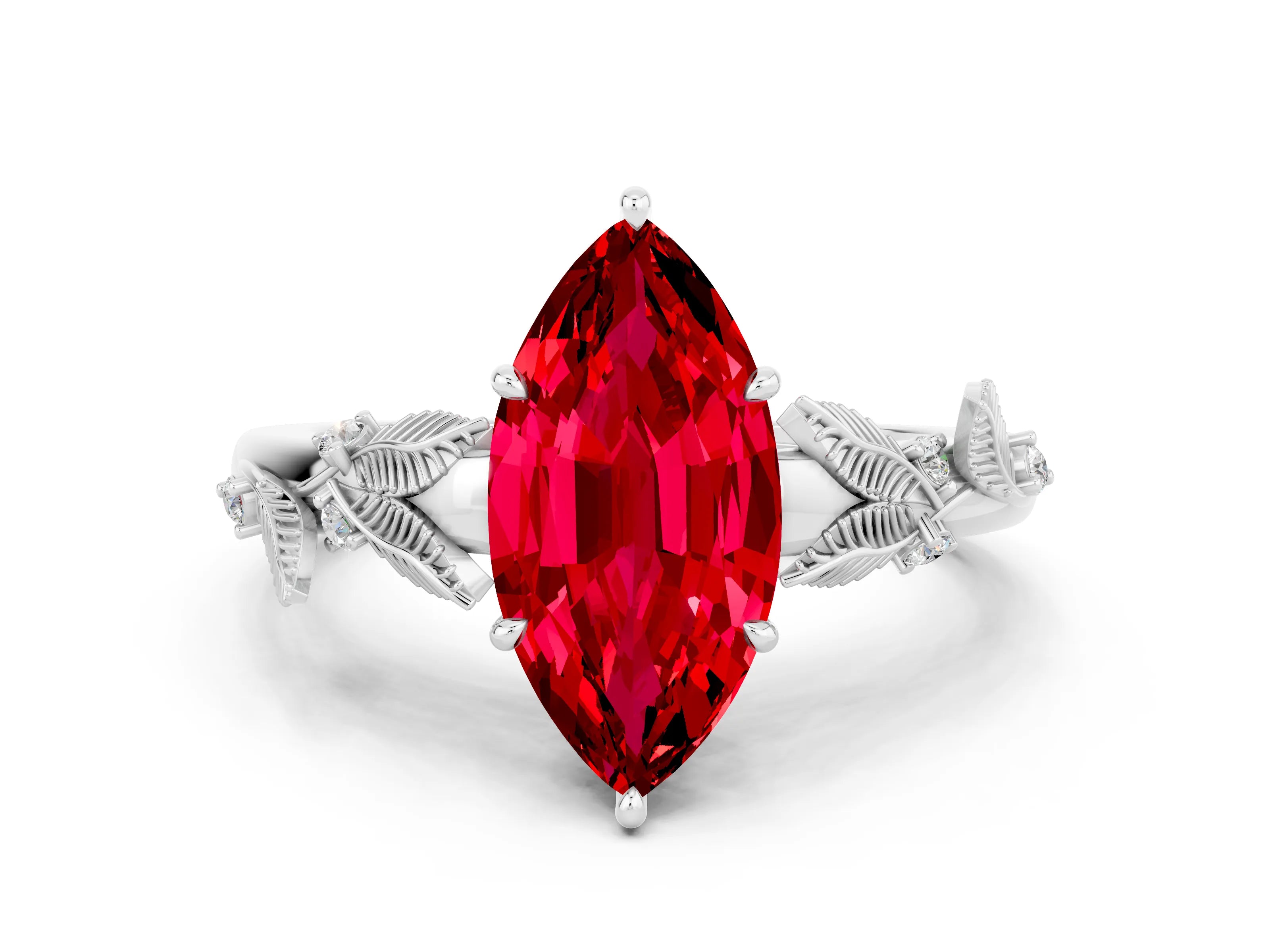 White gold Marquise Cut Ruby Solitaire Ring with Leaf Motif Band and Four-Prong Setting