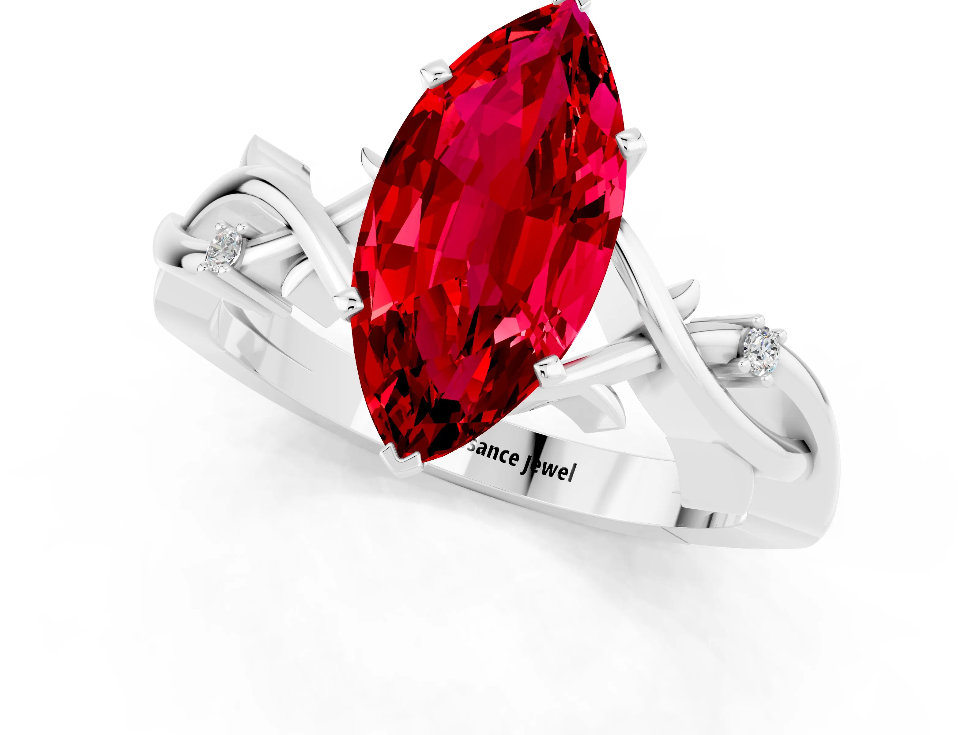 White gold Marquise Cut Ruby Solitaire Ring with Milgrain Pavé Band and Four-Prong Setting_13