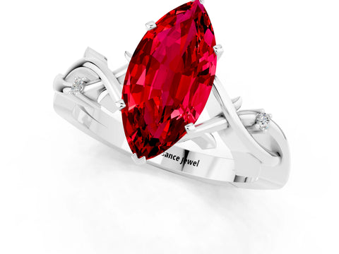 White gold Marquise Cut Ruby Solitaire Ring with Milgrain Pavé Band and Four-Prong Setting_13