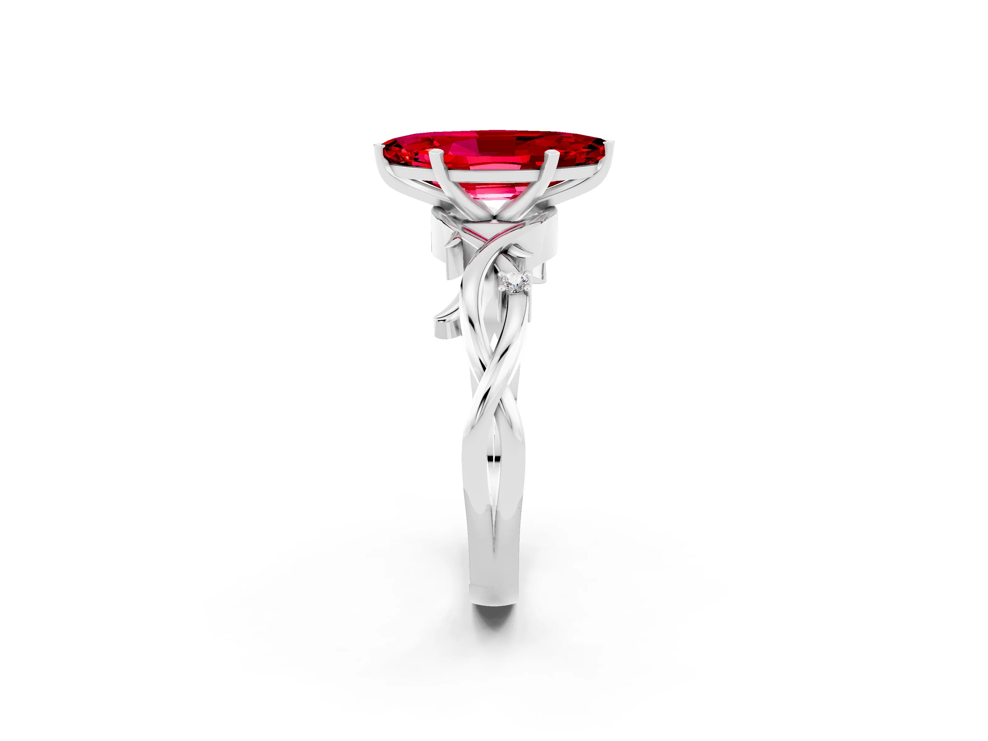 White gold Marquise Cut Ruby Solitaire Ring with Milgrain Pavé Band and Four-Prong Setting_14