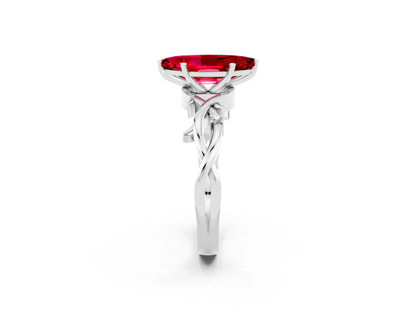 Silver Marquise Cut Ruby Solitaire Ring with Milgrain Pavé Band and Four-Prong Setting