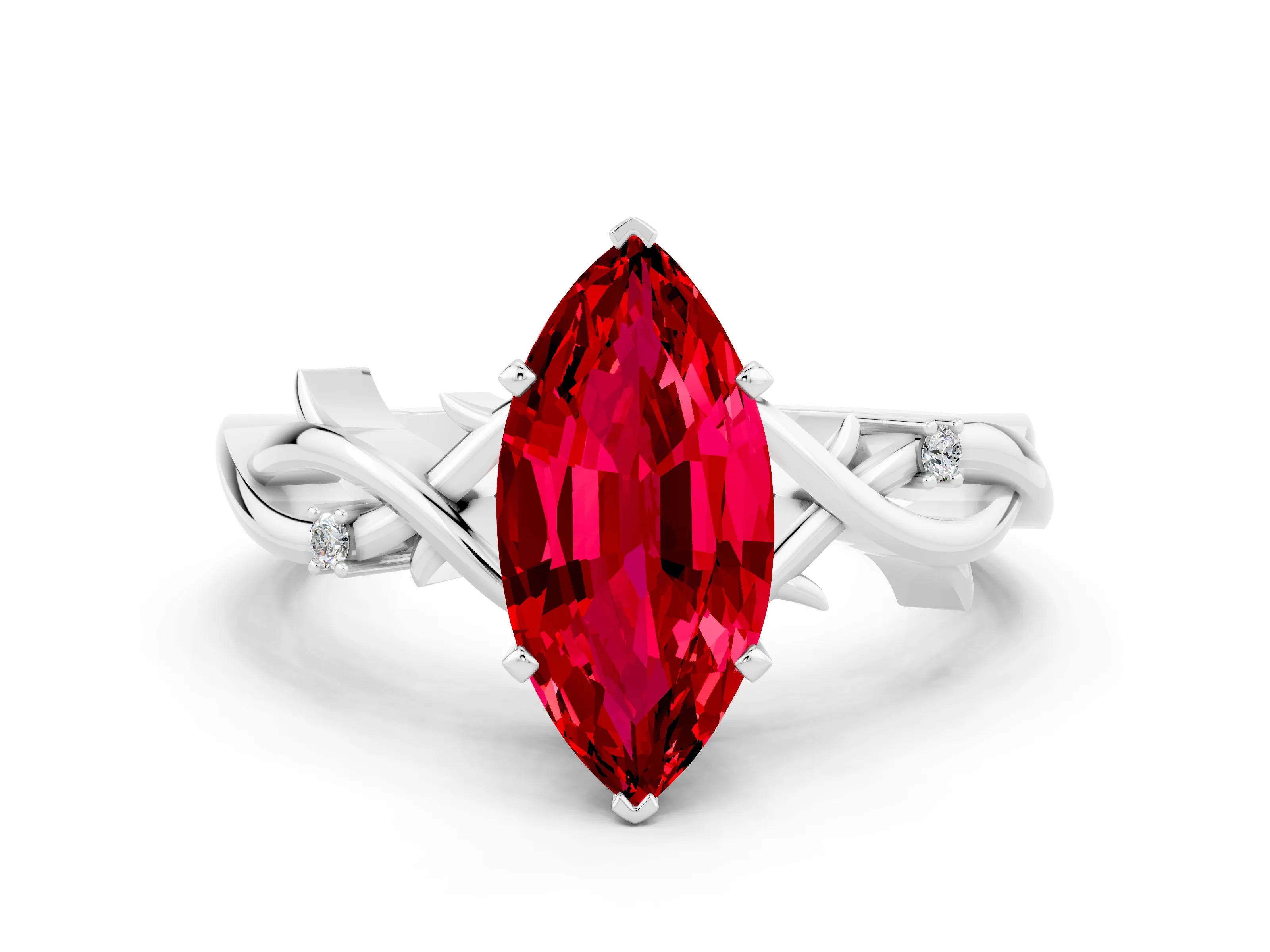 White gold Marquise Cut Ruby Solitaire Ring with Milgrain Pavé Band and Four-Prong Setting_36