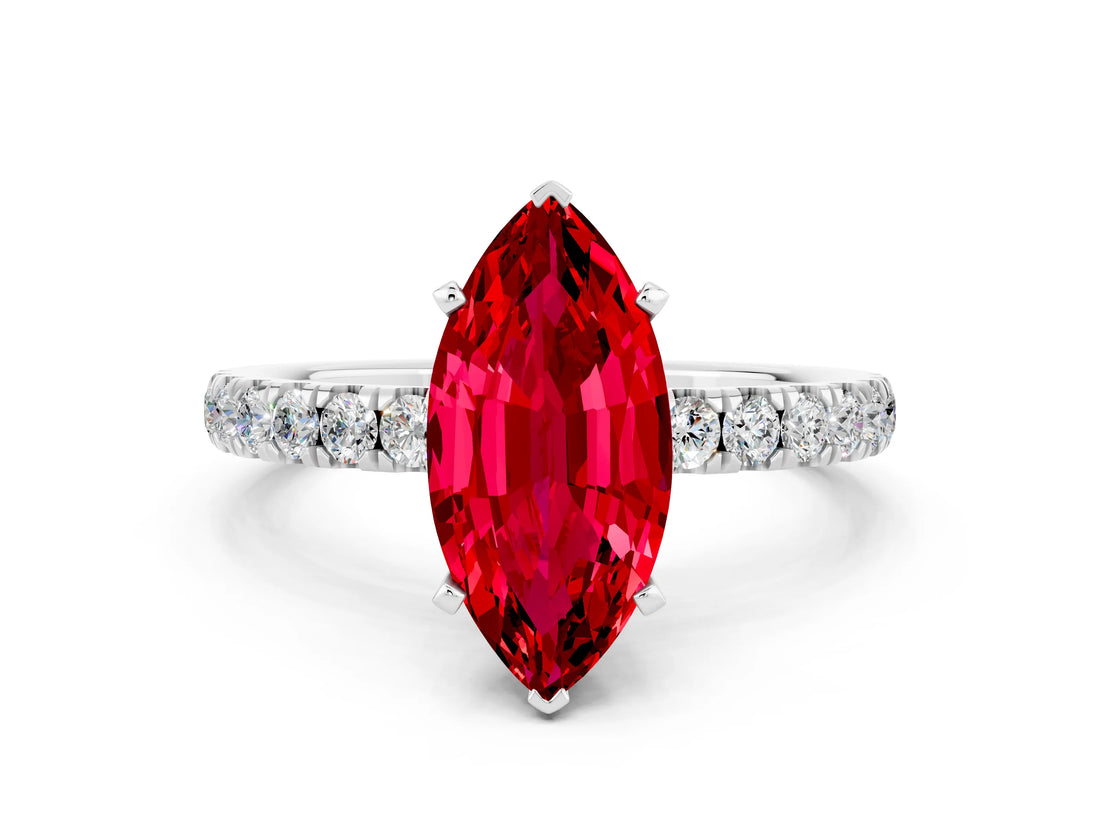 White gold Marquise Cut Ruby Solitaire Ring with Pavé Accents and Four-Prong Setting