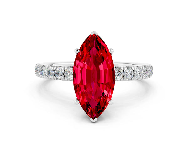 White gold Marquise Cut Ruby Solitaire Ring with Pavé Accents and Four-Prong Setting