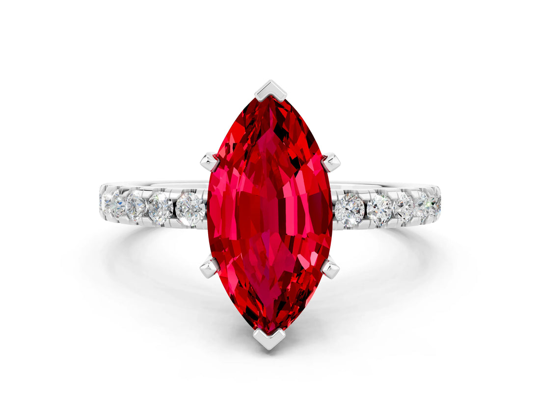 White gold Marquise Cut Ruby Solitaire Ring with Pavé Band and Four-Prong Setting_24