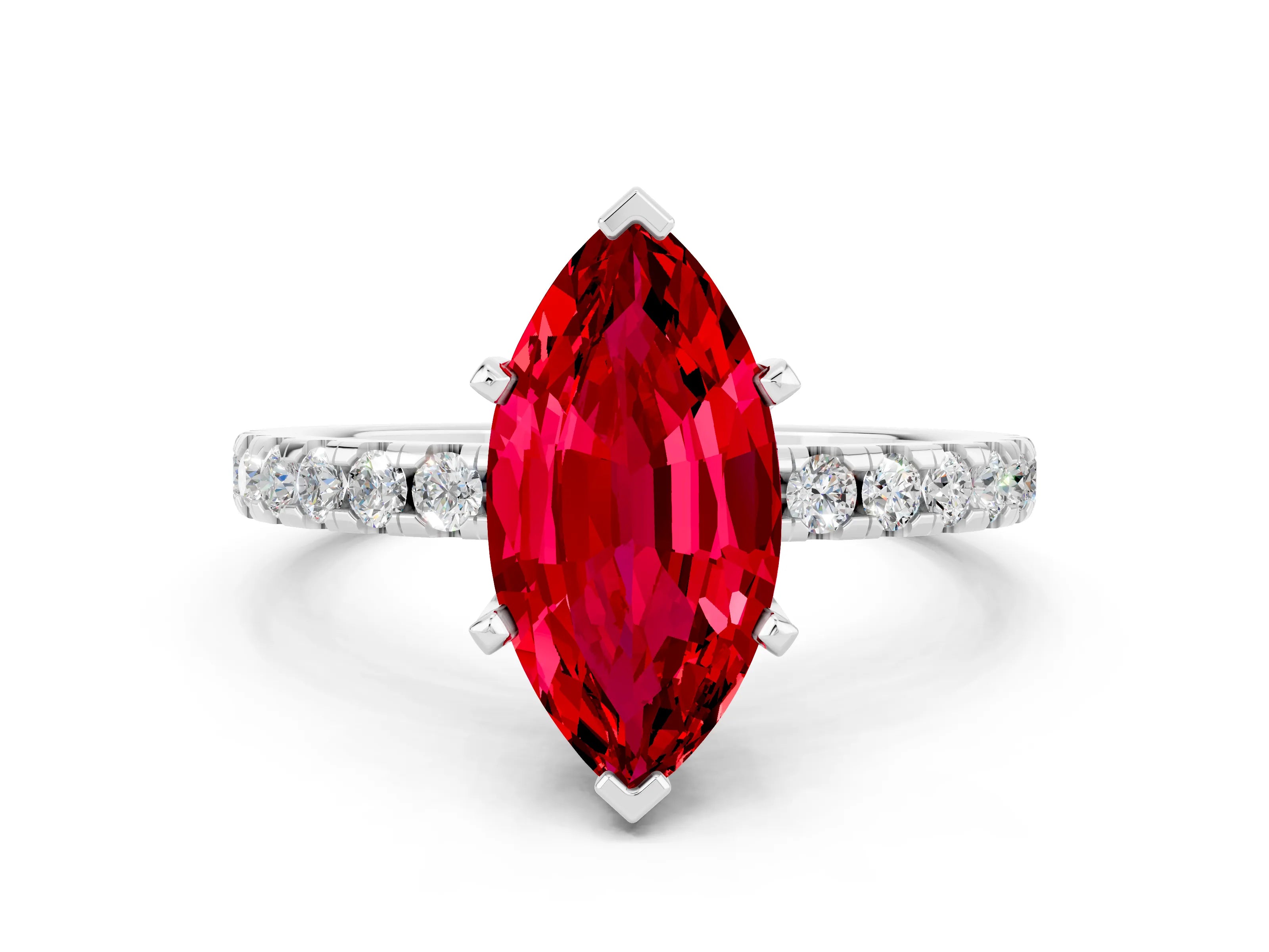 White gold Marquise Cut Ruby Solitaire Ring with Pavé Band and Four-Prong Setting_24