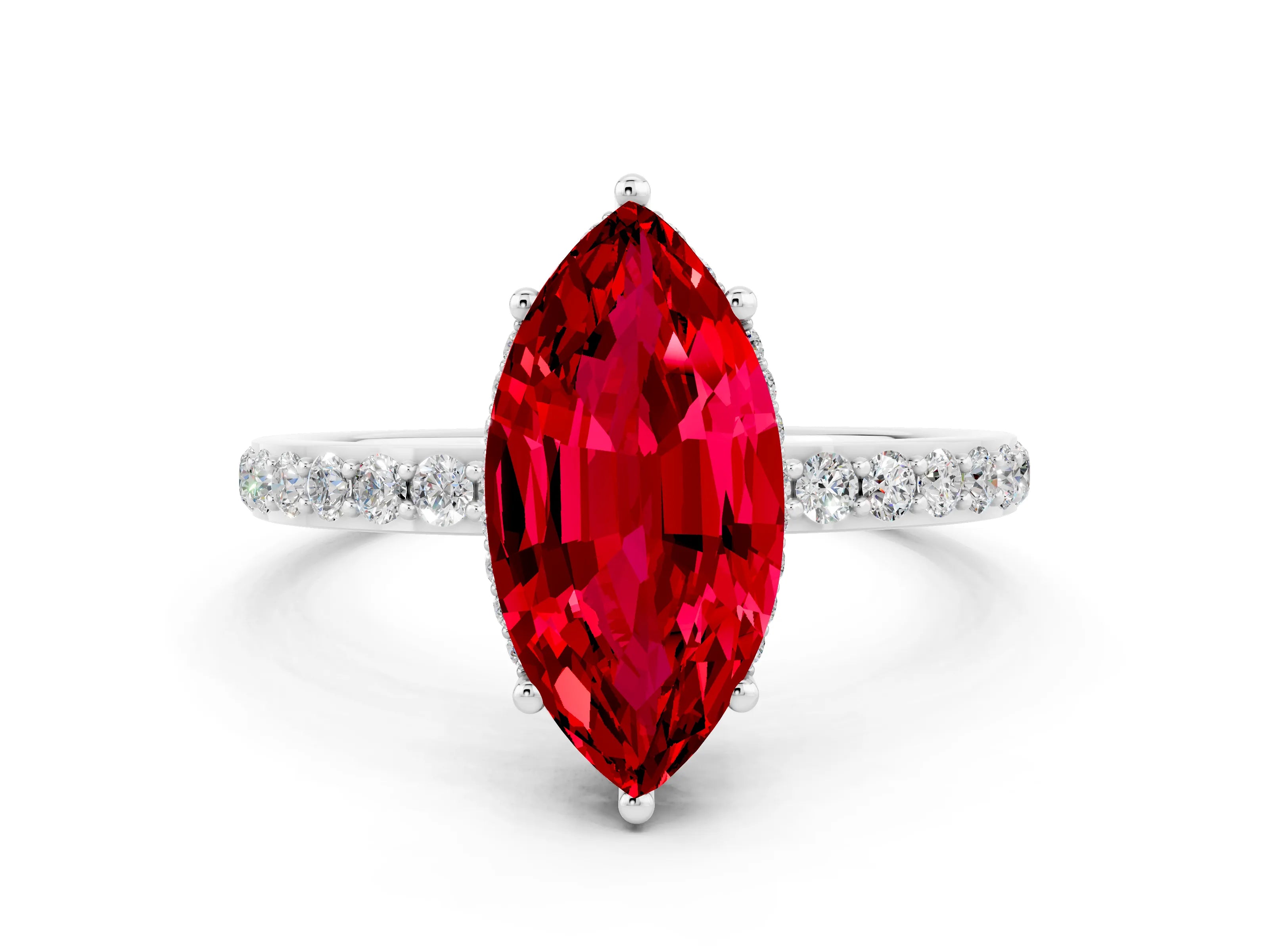White gold Marquise Cut Ruby Solitaire Ring with Pavé Band and Hidden Halo_12
