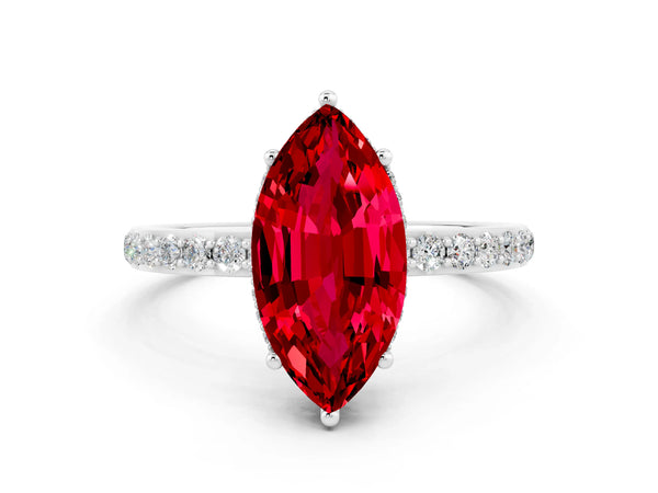 Platinum Marquise Cut Ruby Solitaire Ring with Pavé Band and Hidden Halo