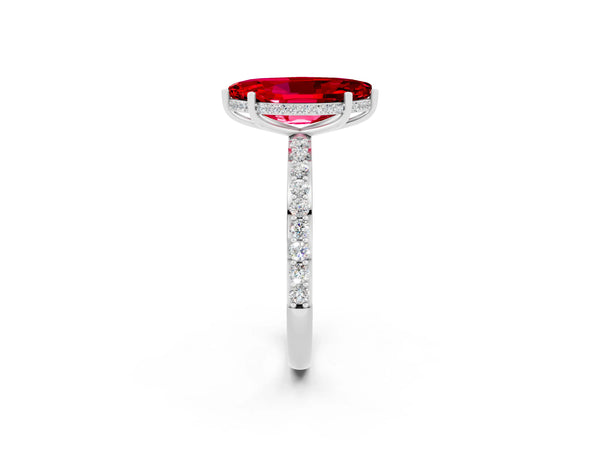 Platinum Marquise Cut Ruby Solitaire Ring with Pavé Band and Hidden Halo