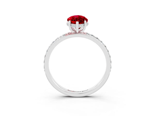 Platinum Marquise Cut Ruby Solitaire Ring with Pavé Band and Hidden Halo