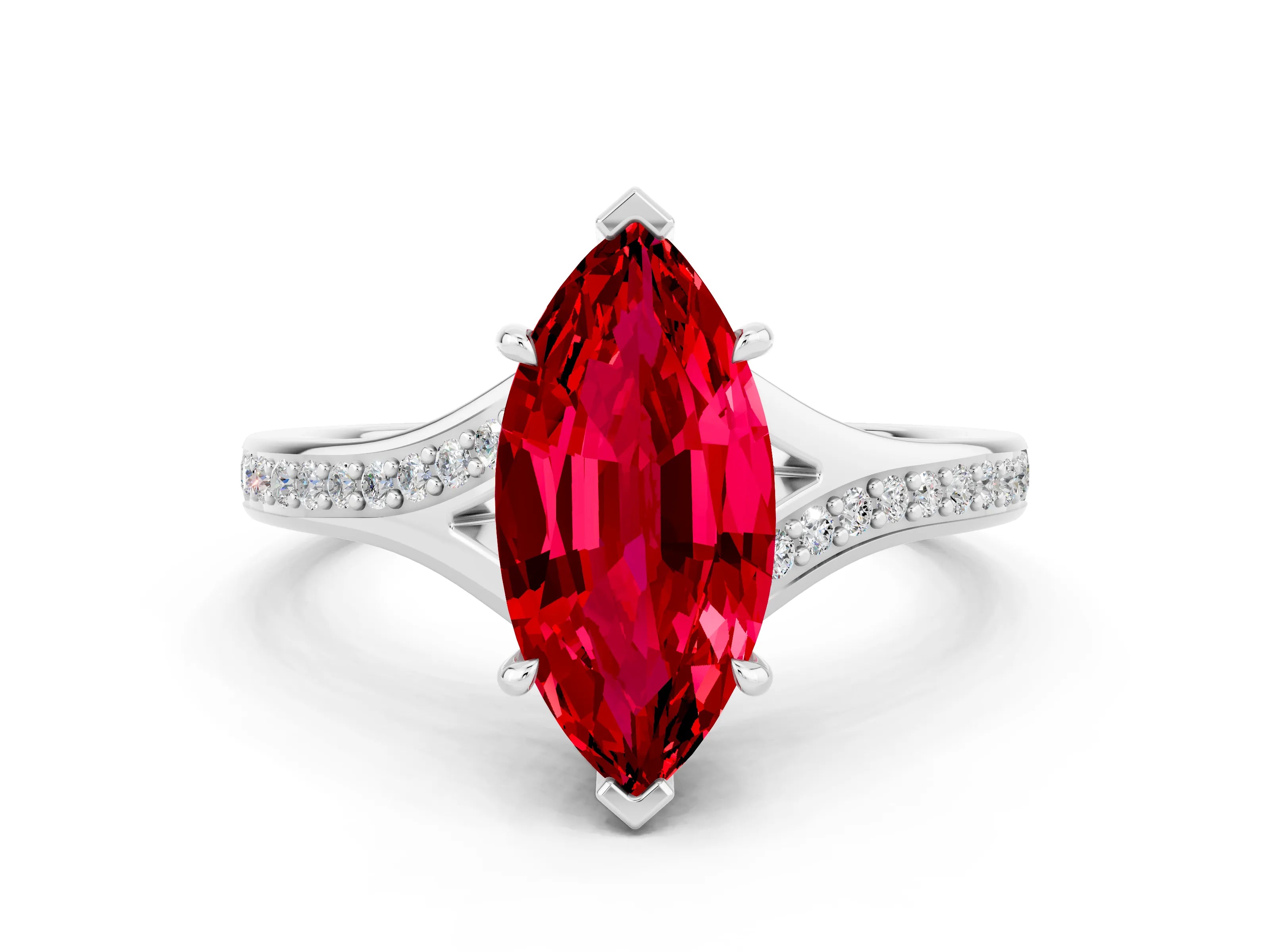 White gold Marquise Cut Ruby Solitaire Ring with Pavé Band and Prong Setting