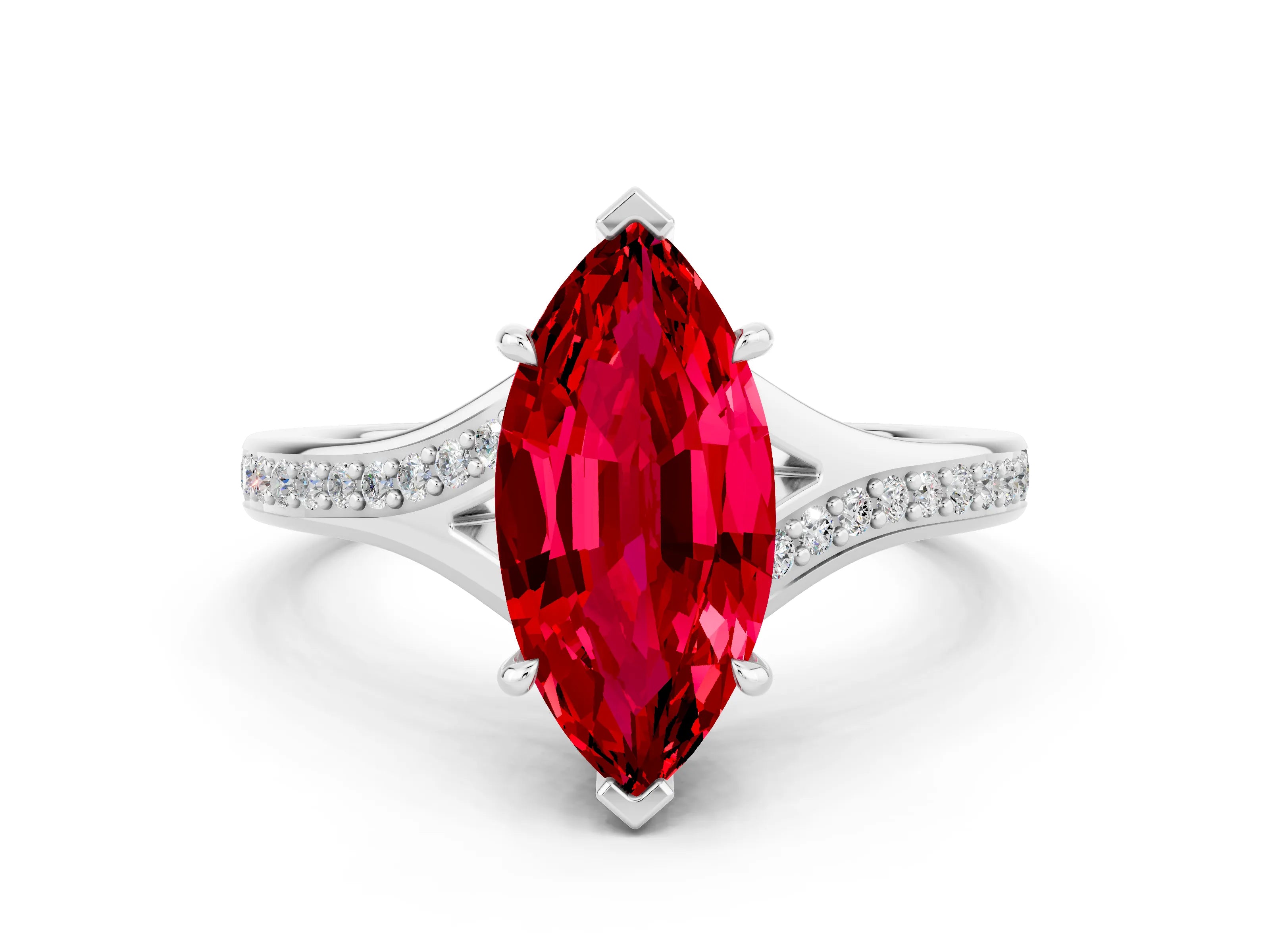 White gold Marquise Cut Ruby Solitaire Ring with Pavé Band and Prong Setting_12