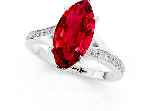 White gold Marquise Cut Ruby Solitaire Ring with Pavé Band and Prong Setting_1