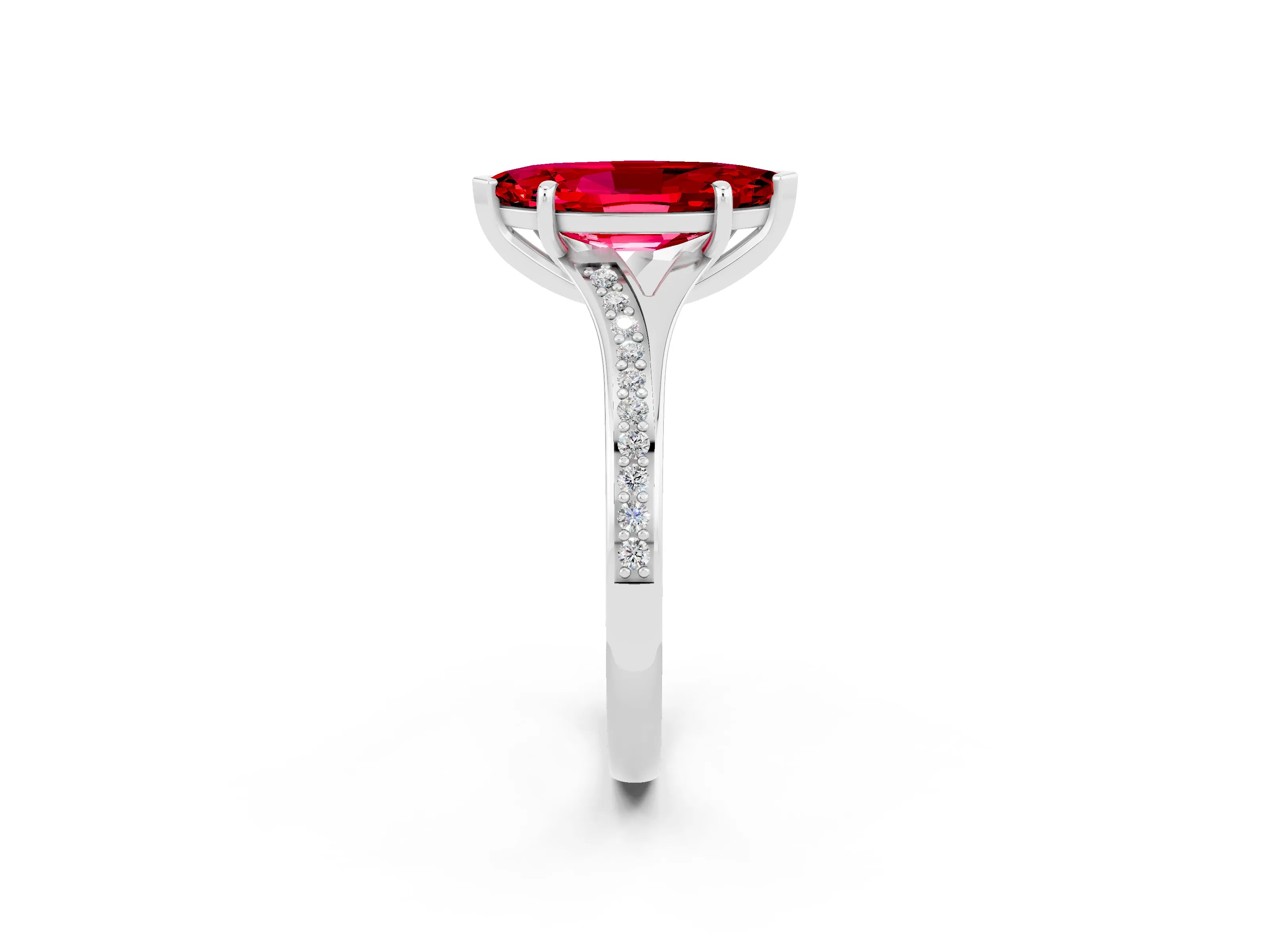 White gold Marquise Cut Ruby Solitaire Ring with Pavé Band and Prong Setting_2