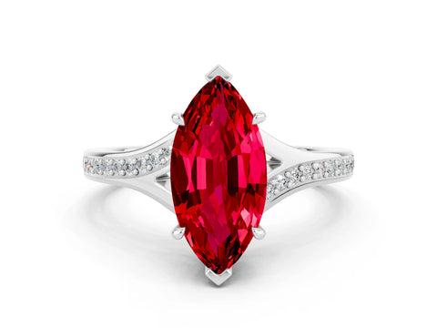 White gold Marquise Cut Ruby Solitaire Ring with Pavé Band and Prong Setting