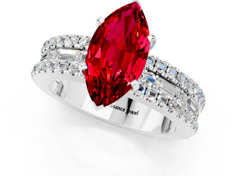 White gold Marquise Cut Ruby Solitaire Ring with Pavé and Channel Set Band_1