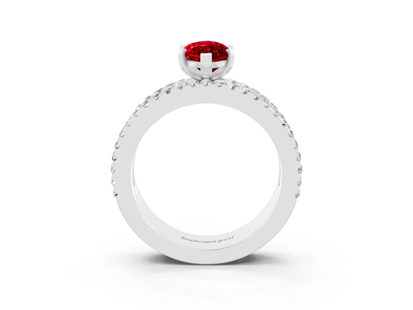 White gold Marquise Cut Ruby Solitaire Ring with Pavé and Channel Set Band