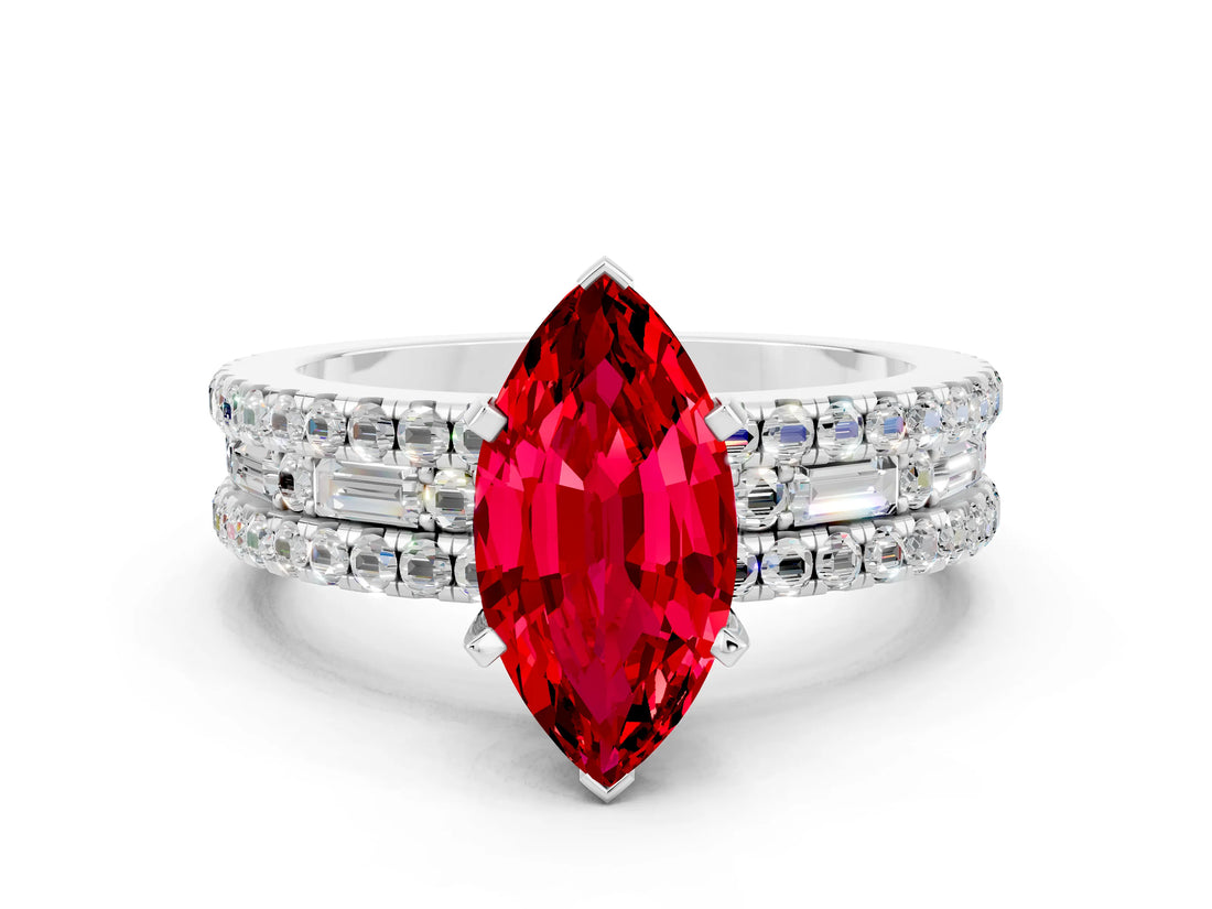 White gold Marquise Cut Ruby Solitaire Ring with Pavé and Channel Set Band