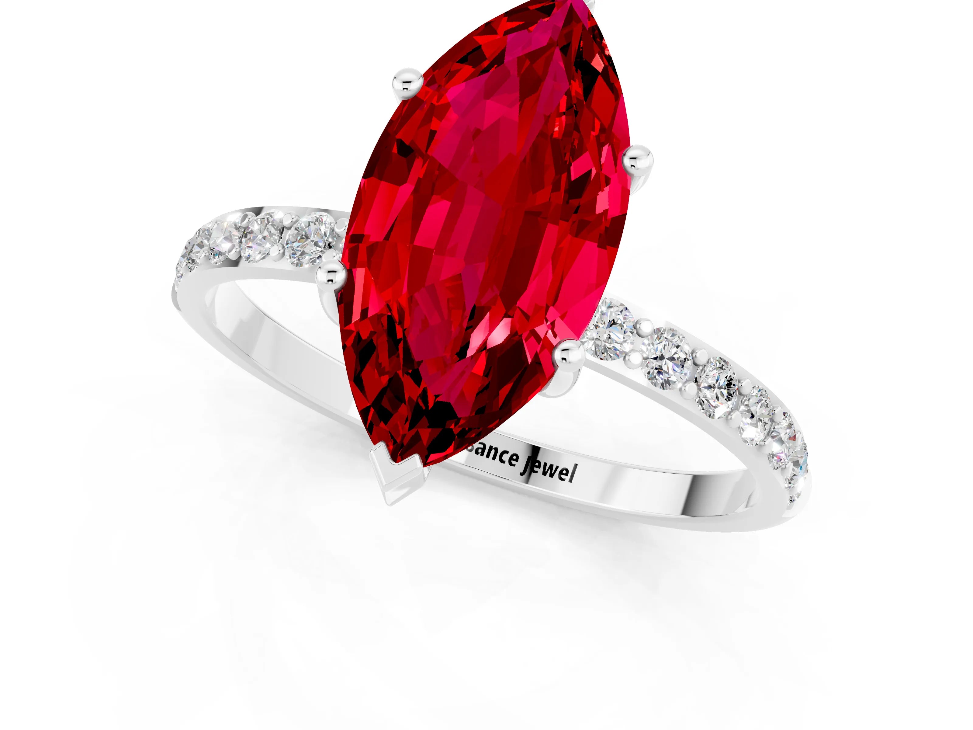 White gold Marquise Cut Ruby Solitaire Ring with Pave Band and Four Prong Setting_25