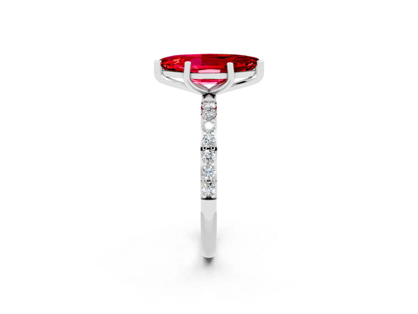 Platinum Marquise Cut Ruby Solitaire Ring with Round  Pavé Band and Prong Setting
