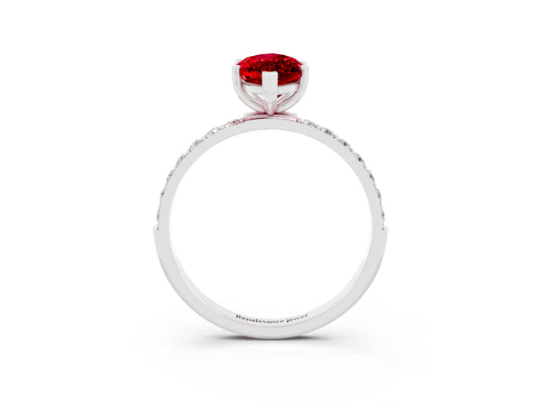 Platinum Marquise Cut Ruby Solitaire Ring with Round  Pavé Band and Prong Setting