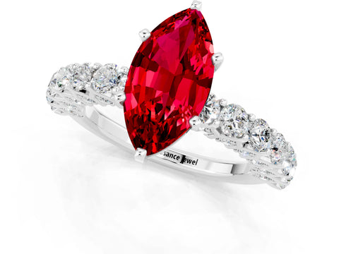 White gold Marquise Cut Ruby Solitaire Ring with Shared Prong Pavé Band and Four-Prong Setting_1