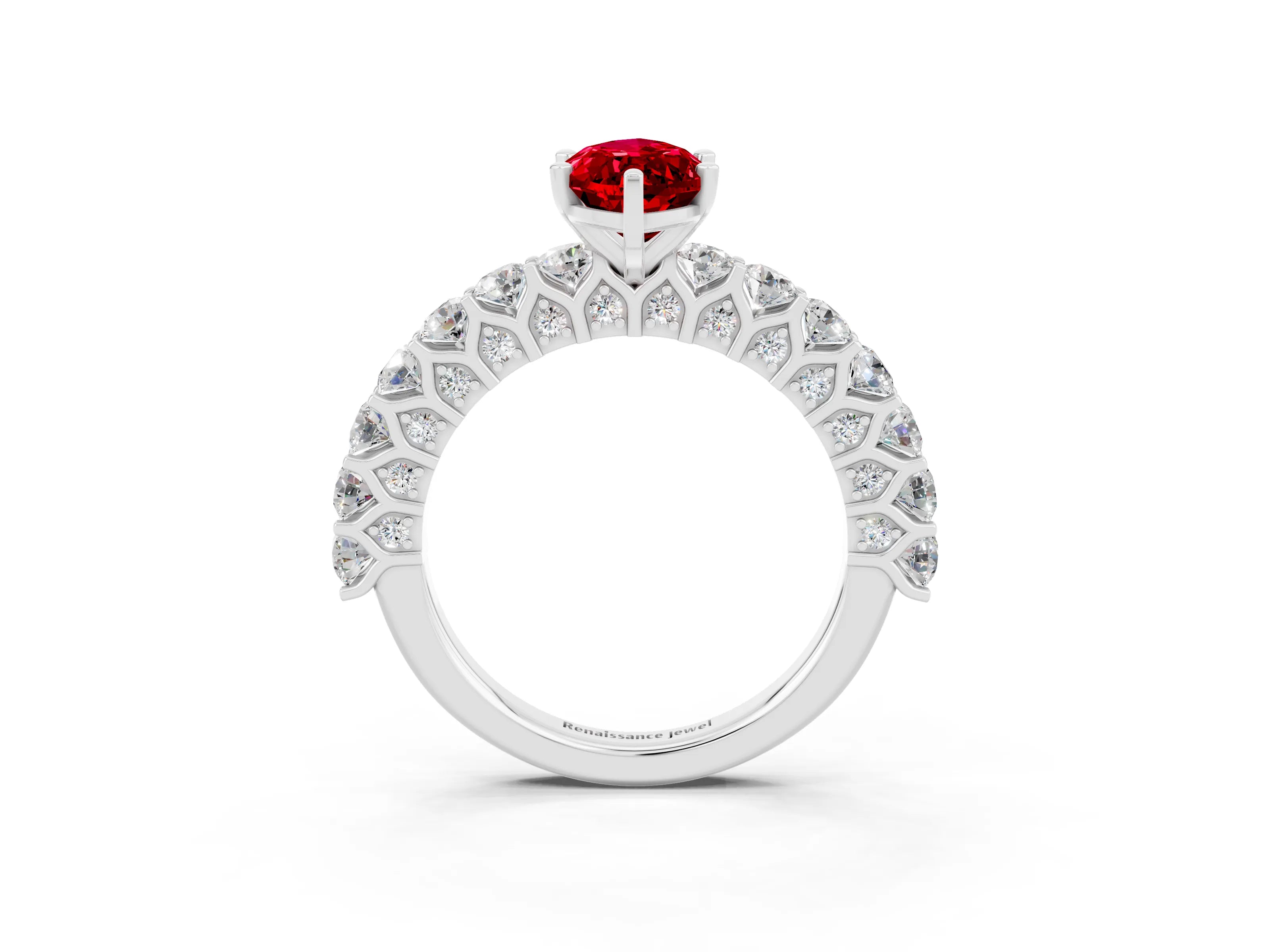White gold Marquise Cut Ruby Solitaire Ring with Shared Prong Pavé Band and Four-Prong Setting_3