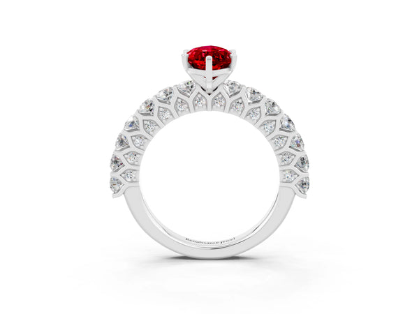 Platinum Marquise Cut Ruby Solitaire Ring with Shared Prong Pavé Band and Four-Prong Setting
