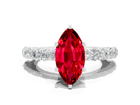 White gold Marquise Cut Ruby Solitaire Ring with Shared Prong Pavé Band and Four-Prong Setting