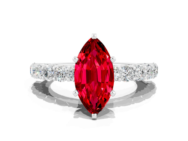 White gold Marquise Cut Ruby Solitaire Ring with Shared Prong Pavé Band and Four-Prong Setting