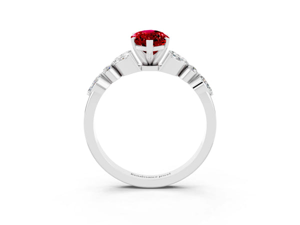 Silver Marquise Cut Ruby Solitaire Ring with Side Stones and Four-Prong Setting