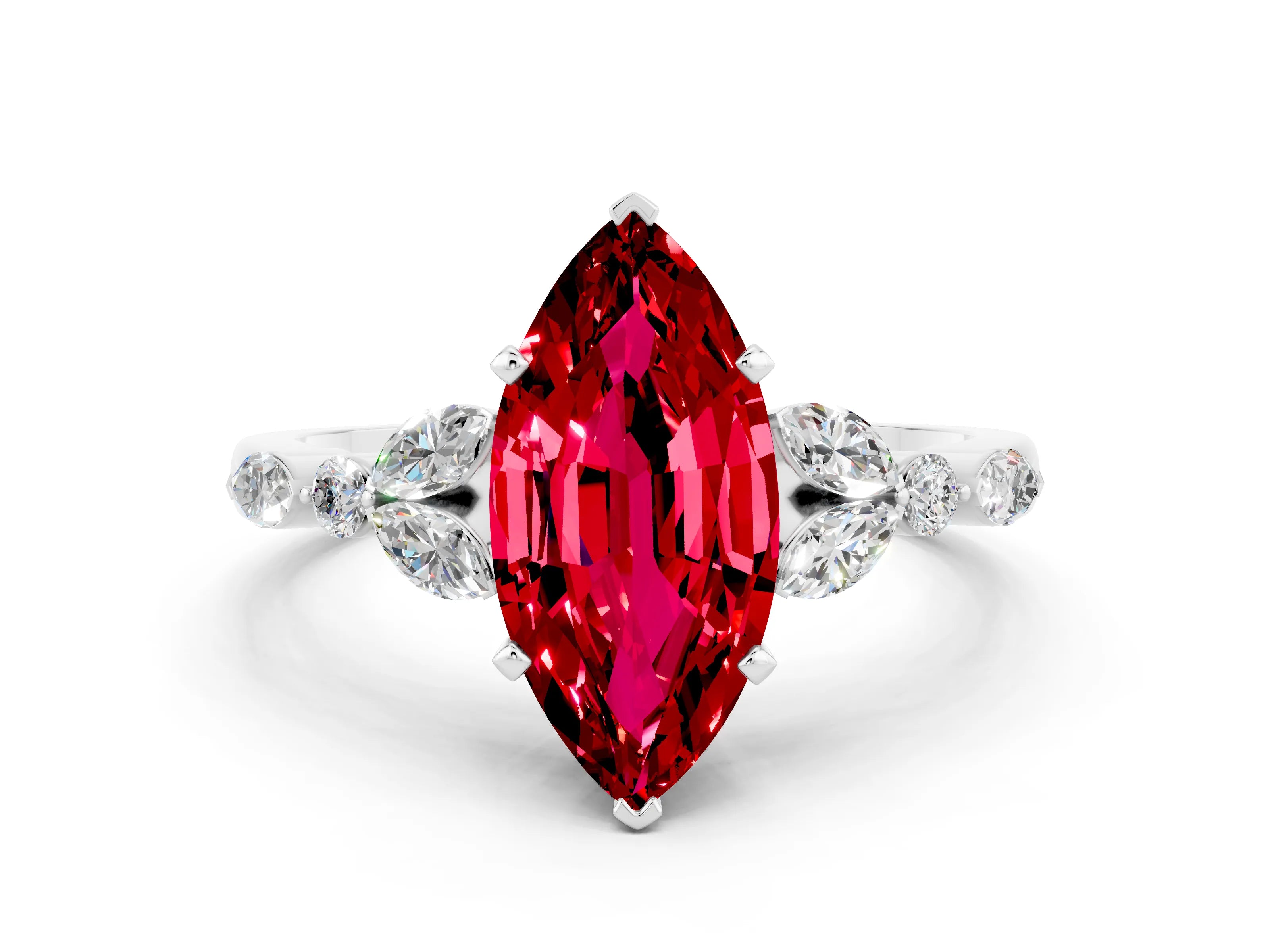 White gold Marquise Cut Ruby Solitaire Ring with Side Stones and Four-Prong Setting_24