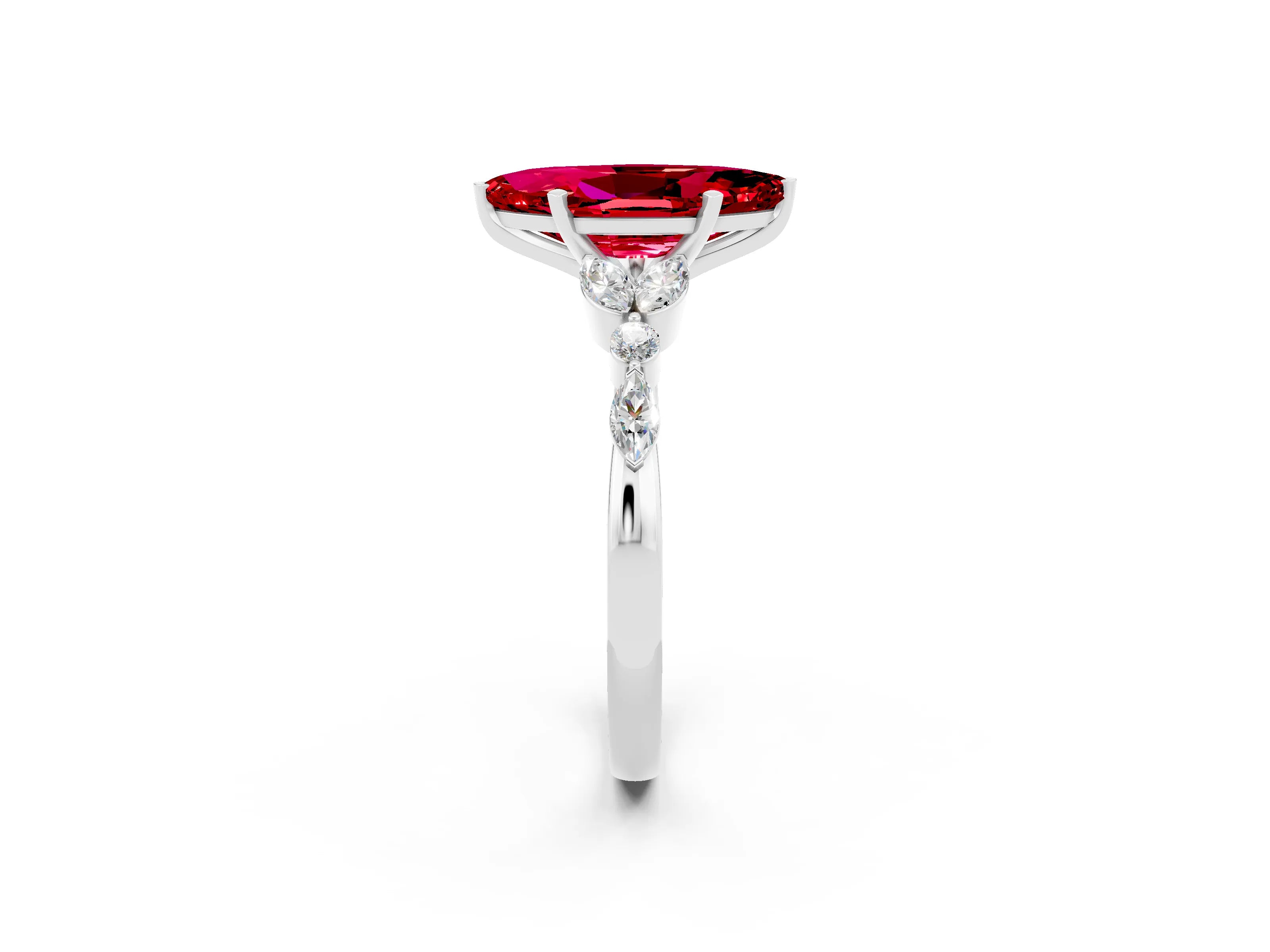 White gold Marquise Cut Ruby Solitaire Ring with Side Stones and Four-Prong Setting_26