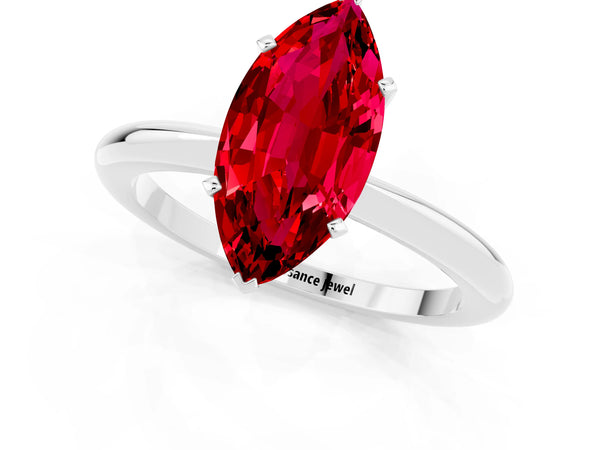 Platinum Marquise Cut Ruby Solitaire Ring with Six-Prong Setting and Classic Band