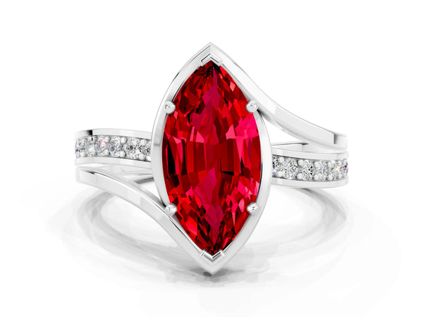 White gold Marquise Cut Ruby Solitaire Ring with Split Shank and Prong Setting