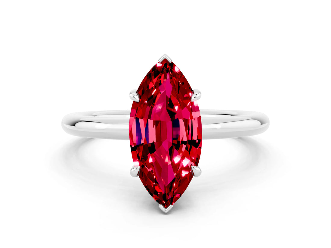 White gold Marquise Cut Ruby Solitaire Ring with Thin Band and Four-Prong Setting_12
