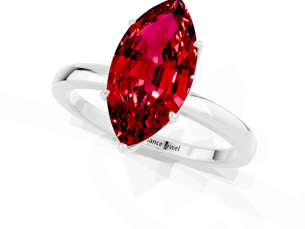 Platinum Marquise Cut Ruby Solitaire Ring with Thin Band and Prong Setting